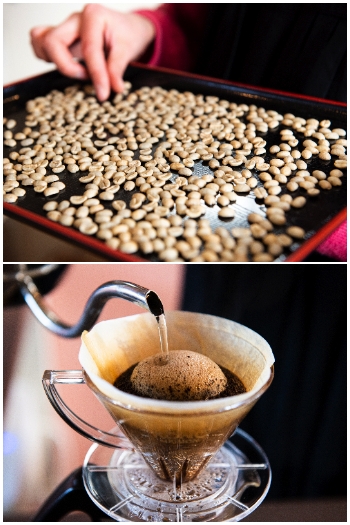 上）豆の顔を見てハンドピック中
下）焙煎したての絶品コーヒー「Loko Kaffee（ロコカフェー）」