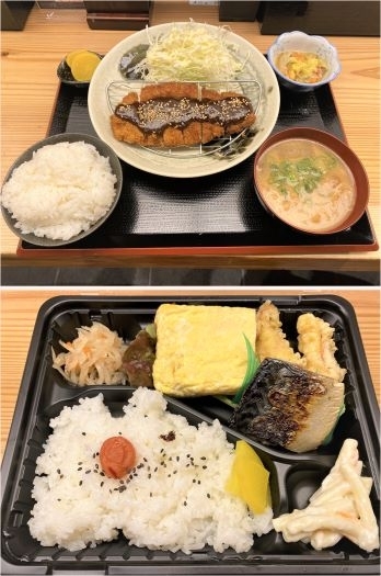 上）味噌カツ定食（850円）
下）だしまき弁当（500円）「くつろぎダイニング てげてげ」