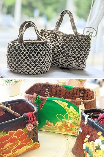 上：かぎ針編みのバッグ、下：一閑張（紙漆細工）のバッグ「ハンドメイドマルシェ ぺルルコットン」