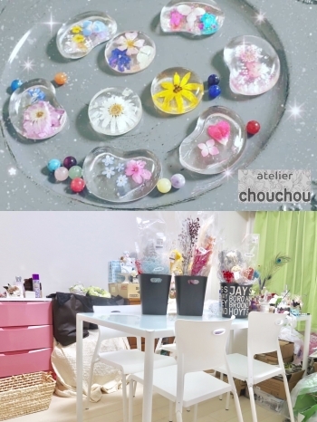 上：人気のレジン『押し花の箸置き』
下：花材たくさんの教室「ハンドメイド教室 atelierchouchou（アトリエシュシュ）」
