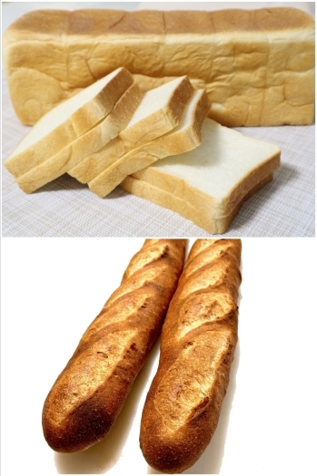 上／角食（道産小麦はるゆたか使用）
下／フランスパン「ベーカリーベル本店」