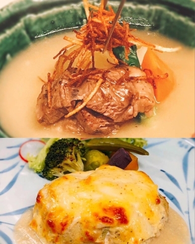 ある日のランチメイン料理「風薫る季節、新緑がまぶしい猪名川町広根。古民家レストラン・想月の料理長が織り成すお料理をお楽しみください。」