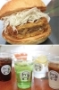 上　メンチカツバーガー
下　カラフルなドリンク「Mogu kitchen」