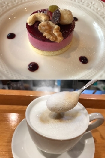 フランボワーズとカシスのケーキ／ふわふわミルクのカプチーノ「CAFE&DINING FUKUROU」