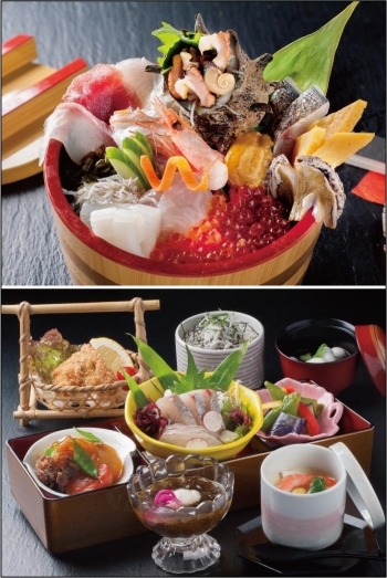 上：漁港直送『海鮮丼極』（10食限定）
下：舞鶴食べ尽くし御膳「いけす料理 卑弥呼」