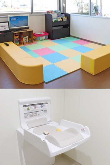 上)キッズスペース
下)トイレにはオムツ交換台もあります「ジョイカル高岡インター店(株)東自動車」