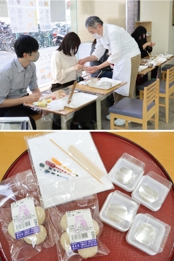 上：店内での和菓子作り体験教室の様子
下：オンライン体験キット「紫香庵」