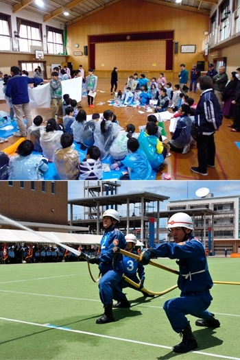 上：避難所体験研修/下：消防団による消防訓練「京都市南区役所」