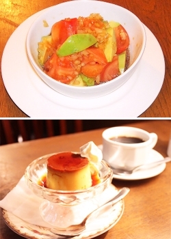 上：アボカドとフレッシュトマトのサラダ
下：自家製プリン「レディスグリル おるがん」