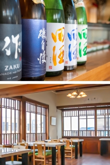日本酒の種類も豊富にご用意しています。各種ご宴会も承ります。「小樽たけの寿司」