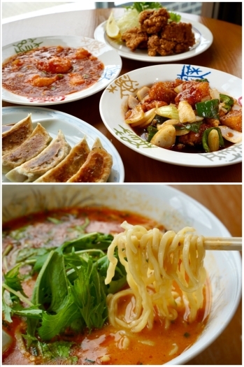 上　彩り鮮やかな中華料理
下　大人気の香り高い坦々麺「丸見食堂」