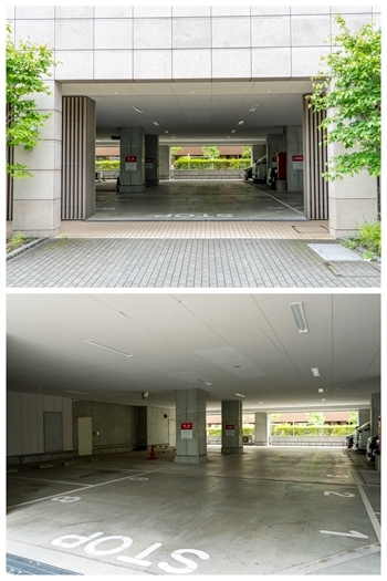 （上）駐車場入り口
（下）屋根付き駐車場なので雨の日も安心「東京海員会館」