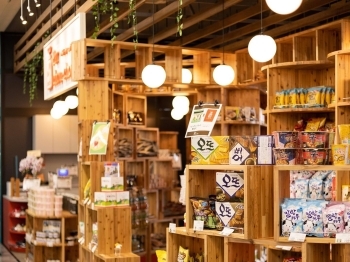 温かみを感じる丸い電球と糸魚川産の杉で作られた棚が並ぶ店内「Par chou-chou（パルシュシュ）」