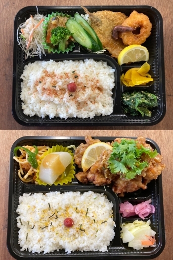 上：イワシ梅フライ弁当
下：若鶏の龍田ネギソース弁当「いろん菜弁当」