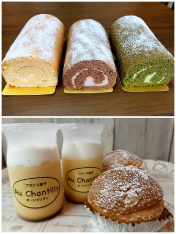 上：豊福ロール（3種）
下：八媛プリンとクッキーシュー「フランス菓子 オ・シャンティ」