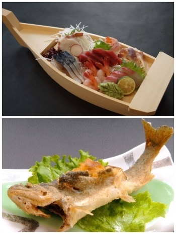 上：新鮮な魚貝の船盛り
下：やまべの唐揚げ「寿司 やまべ料理 日本橋」