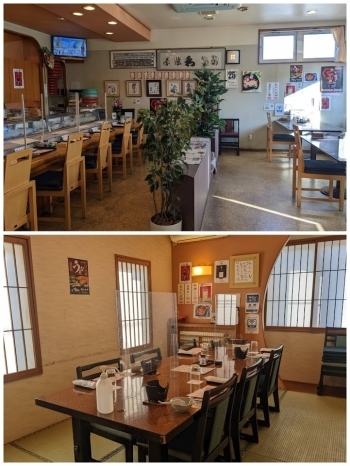 上：カウンター席とテーブル席
下：個室「寿司 やまべ料理 日本橋」