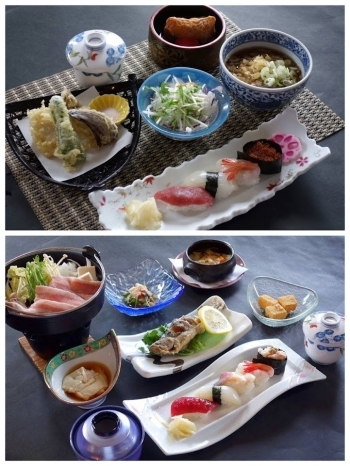 上：日替わりランチ（月曜）
下：月替わりディナー限定コース「寿司 やまべ料理 日本橋」