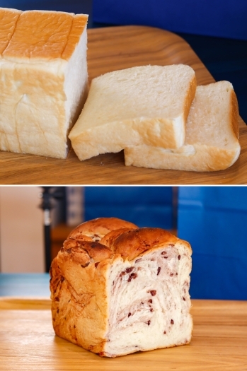 上）ふんわり食感の純生食パン
下）人気のあん食パン「純生食パン工房 HARE/PAN 高岡店」