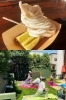 上：焼いもソフトクリームのせ
下：テラスでは飲食の他イベントも「OutdoorCafe野菜香房」