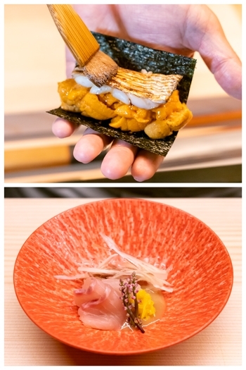 上：太刀魚と雲丹
下：イワナの刺身「はし田東京／HASHIDA TOKYO」