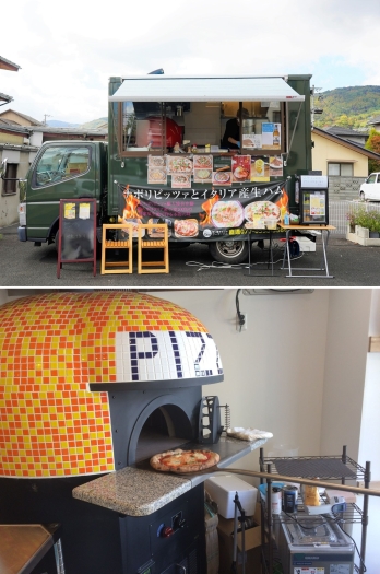 上：キッチンカー、下：石窯で焼き上げられるナポリピッツァ「Pizzeria uanci_e_cheer」