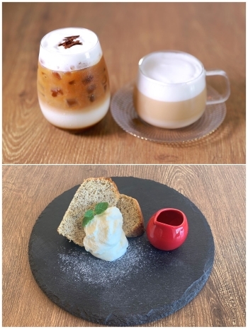 今井町の富田屋の珈琲豆を使ったカフェラテとシフォンケーキ。「cafe たまゆら」