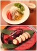 上:ブランドポーク樽前湧水豚しゃぶのラーメンサラダ 下:イカ飯「北の海鮮料理×ジンギスカン なか善駅通り店」