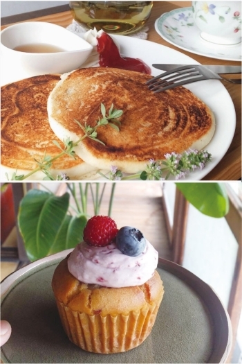 上：米粉のパンケーキ
下：ラズベリーカップケーキ「クキガタワ」