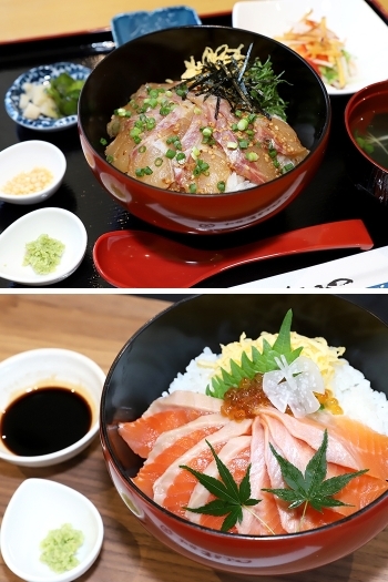 上：鯛茶漬け、下：サーモン食べ比べ丼（ゲリラ商品例）「海鮮処まるみつ」