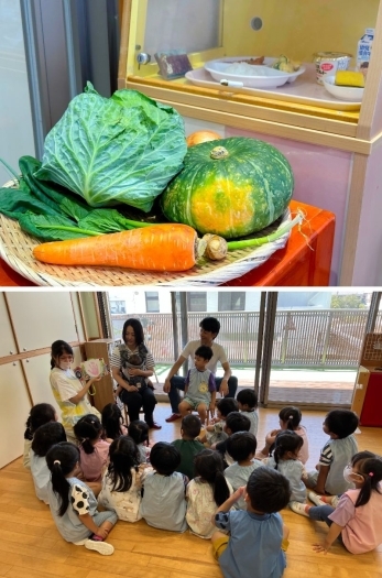 上　翌日の給食で使う野菜の展示
下　ハッピーデーはみんなでお祝い！「高木保育園」