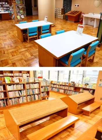 1階はお子様向けサイズの座席や疲れにくい斜面座席もあります「三郷市立早稲田図書館」