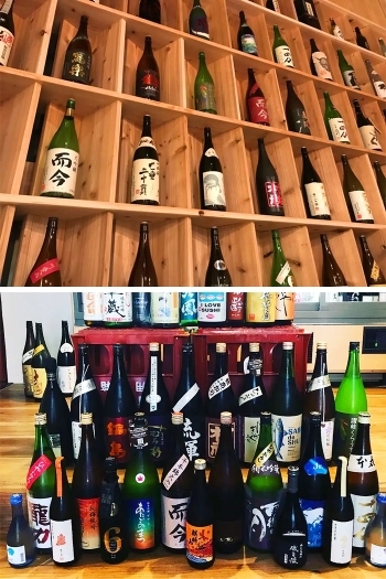 店内の壁の棚にはたくさんの日本酒がディスプレイ！「1CHIGO」