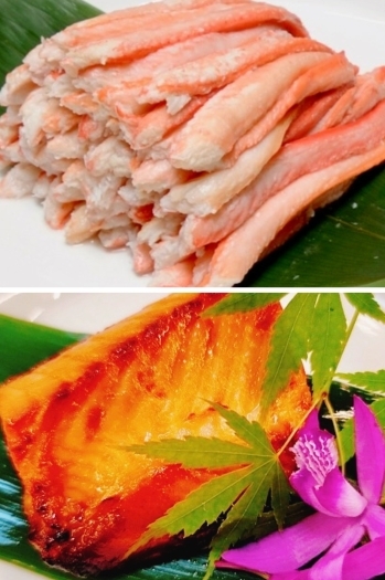 上：釜茹で紅ずわい蟹　下：銀鮭味噌漬「海鮮割烹仕出し高砂屋」