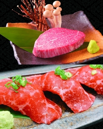一押しメニューの「シャトーブリアン」と「和牛にぎり鮨」「黒毛和牛焼肉 凱旋門 ウニクス南古谷店」