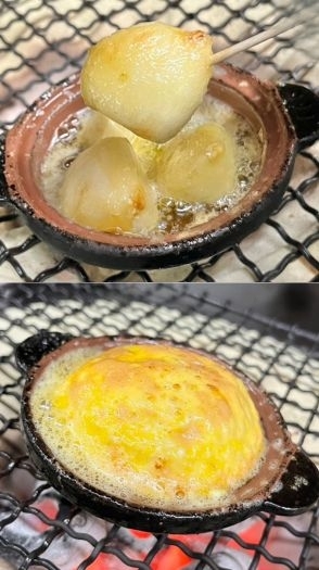 にんにくオイル焼き（上）&残ったオイルで作る卵焼き（下）「あみ焼き元祖しちりん 西白井駅前店」