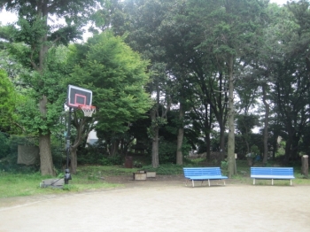 バスケットゴールやベンチのある広場です。