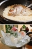 上：土鍋で炊き上げる「鯛めし」
下：朝獲れの鮮度抜群の海の幸「一菜一縁よころ」