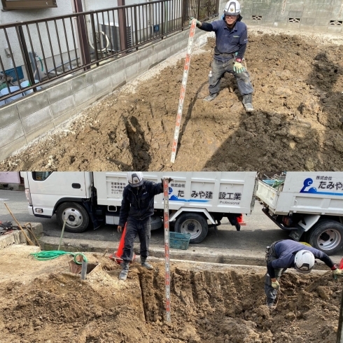 ♪地中に異物が無いか隅々まで入念にチェックです♪「♪新築に伴う古家の取り壊しです♪」