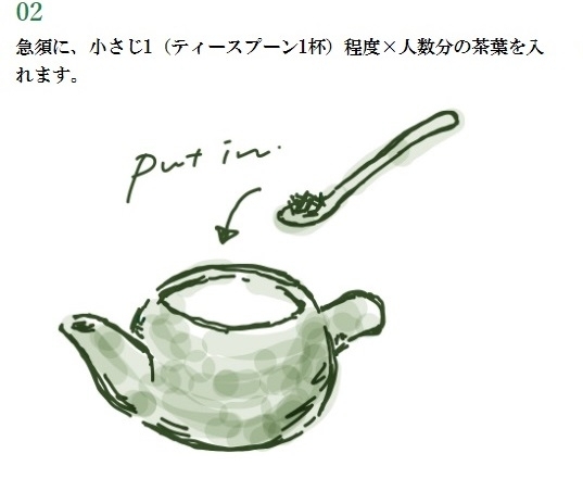 急須に、小さじ１程度×人数分の茶葉を入れます「【図解】老舗お茶屋が教える、美味しいお茶の入れ方♪」
