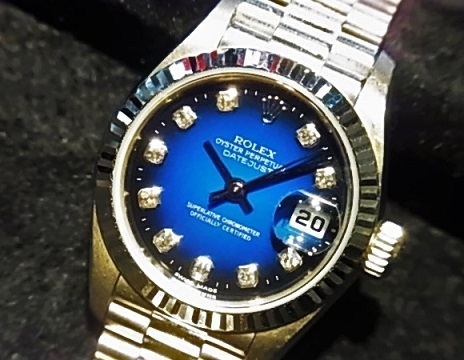 「ロレックス 79179G K18WG無垢 10Pダイヤ ブルグラ文字盤 レディースデイトジャスト 腕時計 高価買取」