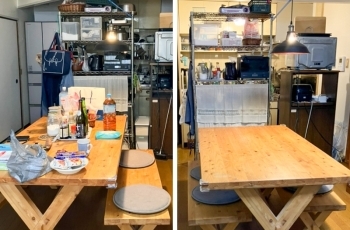 ダイニングキッチンのビフォー(左)アフター(右)「整理収納アドバイザー ほっこりお片づけ あかざわゆかり」