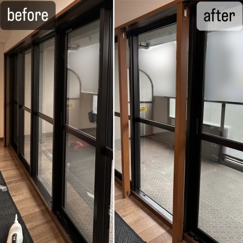 真ん中の窓がFIXの為、連窓方立という部材を取付「名古屋市マンションのリビング、防音対策の為に内窓インプラスを取付ました。」
