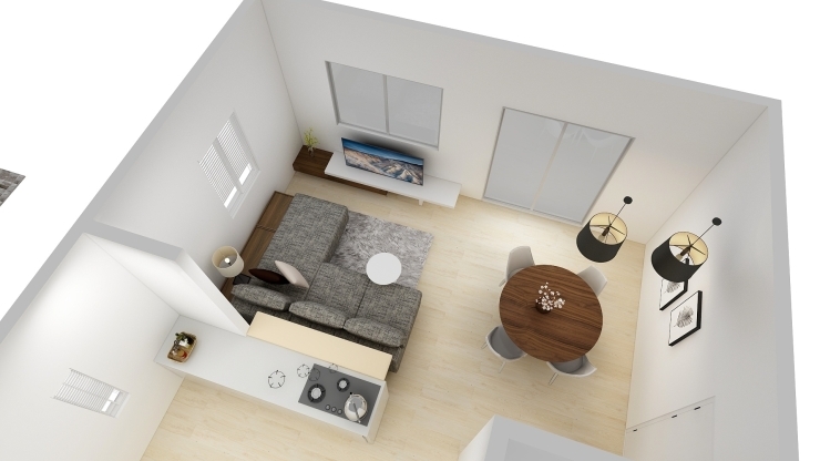 家具：白×ウォールナット　　配置：奥側ソファー「御殿場　建売　リノベーション「リフォーム・リノベーションご提案します」」
