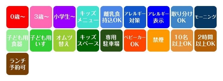 0歳～　3歳～　小学生～　キッズメニュー　離乳食持込OK　アレルギー対策　アレルギー表示　取り分けOK　モーニング　子ども用食器　子ども用いす　オムツ替え　キッズスペース　専用駐車場　ベビーカーOK　禁煙　10名以上OK　2時間以上OK　ランチ予約可