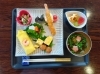 今月のご馳走。イベント食で～す。茶巾寿司なり。お椀の中にの桜の花が・・🌸「かがやきのお雛様飾りをご覧ください。🎎」