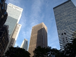 新宿アイランドタワーの広場から見上げると、<br>高層ビルが周囲をぐるりと囲む。<br>