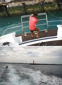 上：船が出るぞ～の一場面<br>下：いくつかの灯台を見送ります。後ろに引き連れているのはマリンジェット