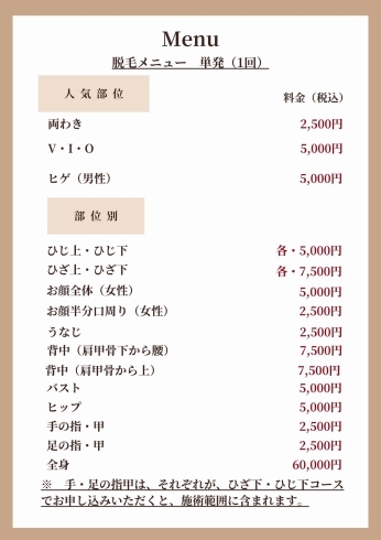 脱毛単発料金表「２５周年　感謝祭開催中♪」