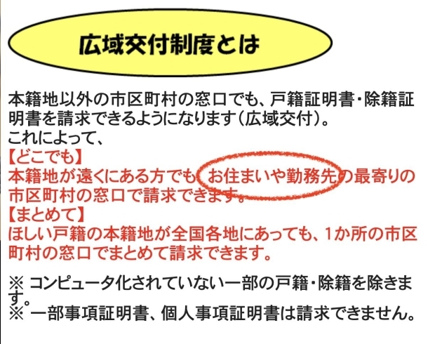 「「広域交付制度」2024年、戸籍法改正に伴い戸籍謄本が全国どこの市区町村窓口で請求できるようになりました。」